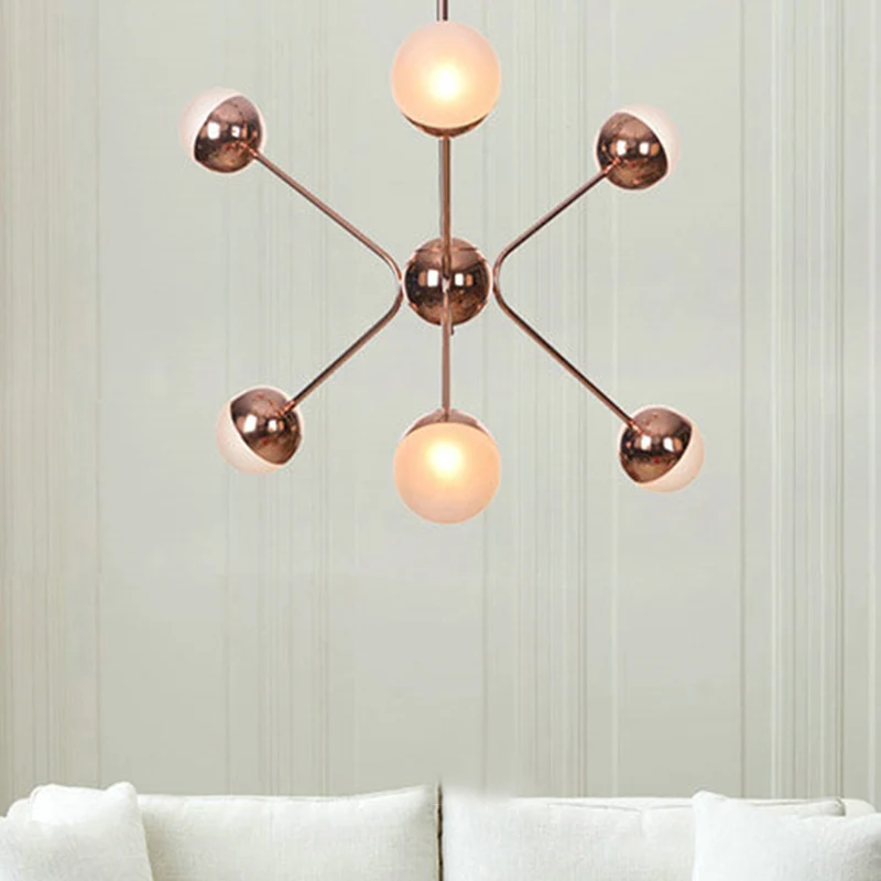 6-lichts slaapkamer hangende plafondlamp hedendaagse roségouden LED-kroonluchter met Modo amberkleurige glazen kap Clearhalo
