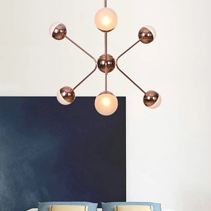 6-lichts slaapkamer hangende plafondlamp hedendaagse roségouden LED-kroonluchter met Modo amberkleurige glazen kap Clearhalo