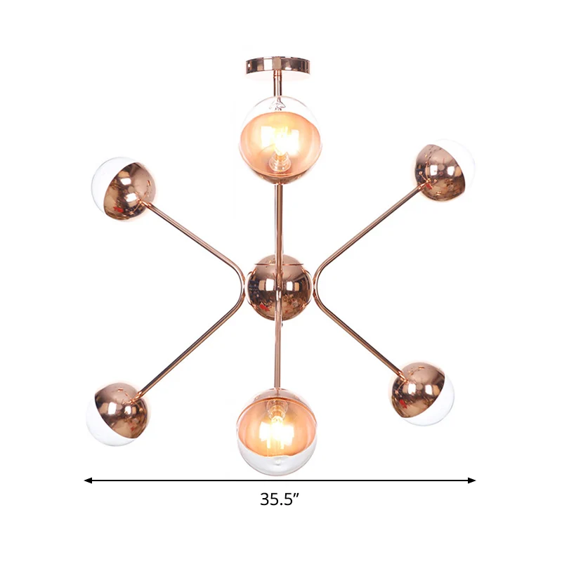 6-lichts slaapkamer hangende plafondlamp hedendaagse roségouden LED-kroonluchter met Modo amberkleurige glazen kap Clearhalo