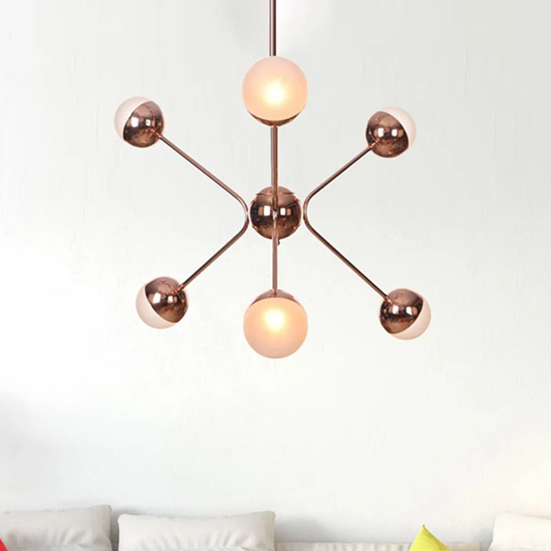 6-lichts slaapkamer hangende plafondlamp hedendaagse roségouden LED-kroonluchter met Modo amberkleurige glazen kap Clearhalo