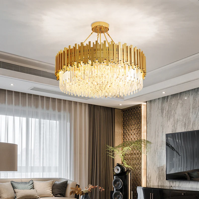 6-lichts woonkamerkroonluchter Minimalistische gouden plafondhanglamp met trommelkristallen kap Clearhalo