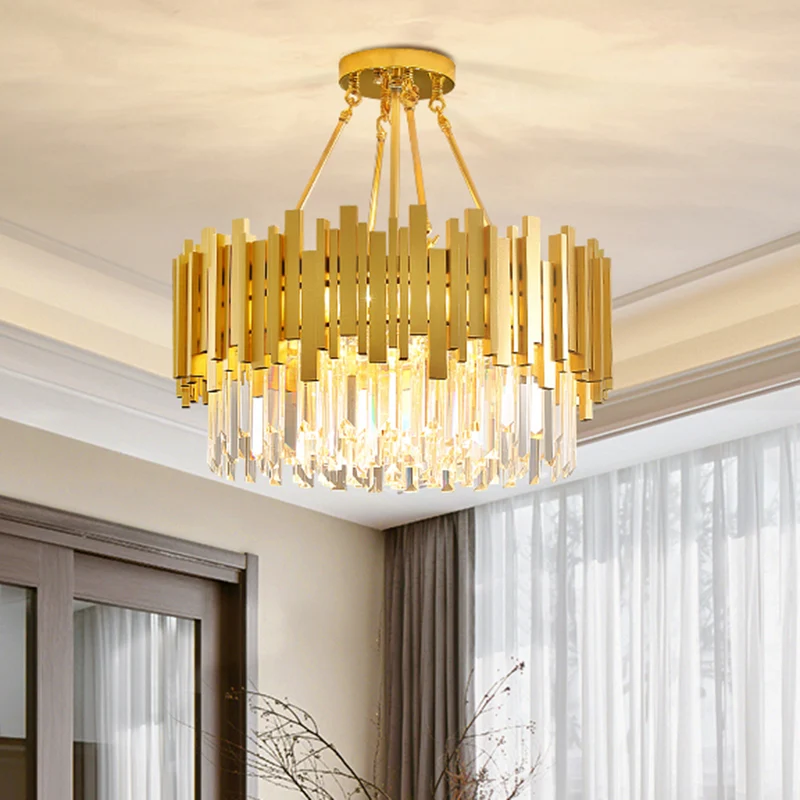 6-lichts woonkamerkroonluchter Minimalistische gouden plafondhanglamp met trommelkristallen kap Clearhalo