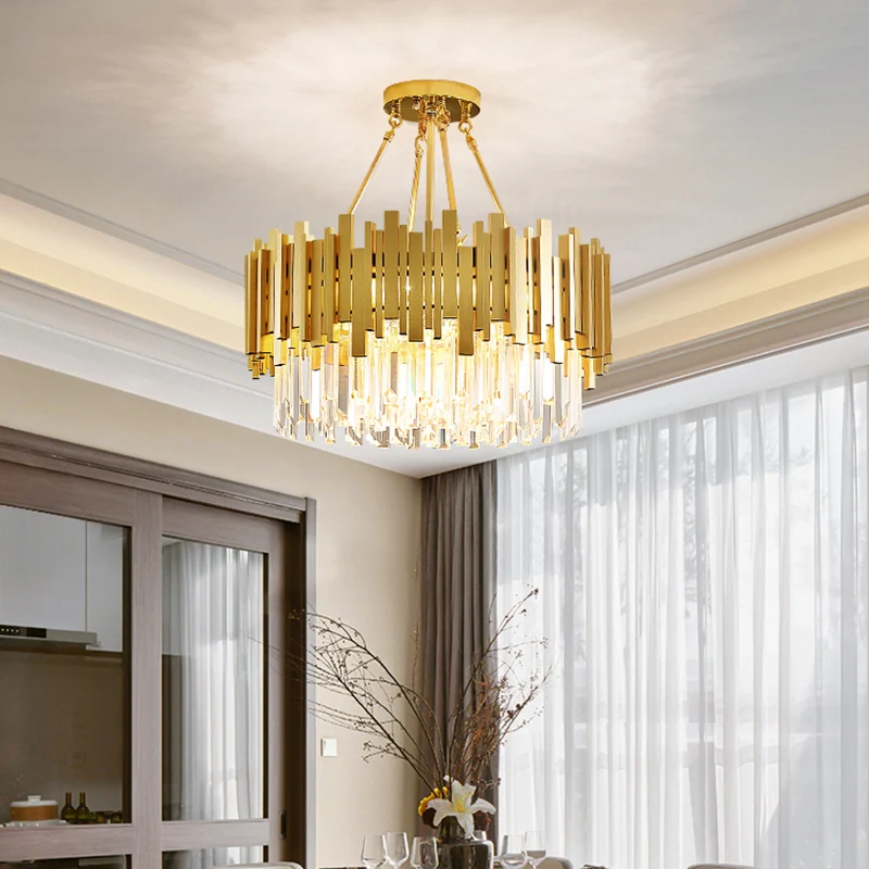 6-lichts woonkamerkroonluchter Minimalistische gouden plafondhanglamp met trommelkristallen kap Clearhalo