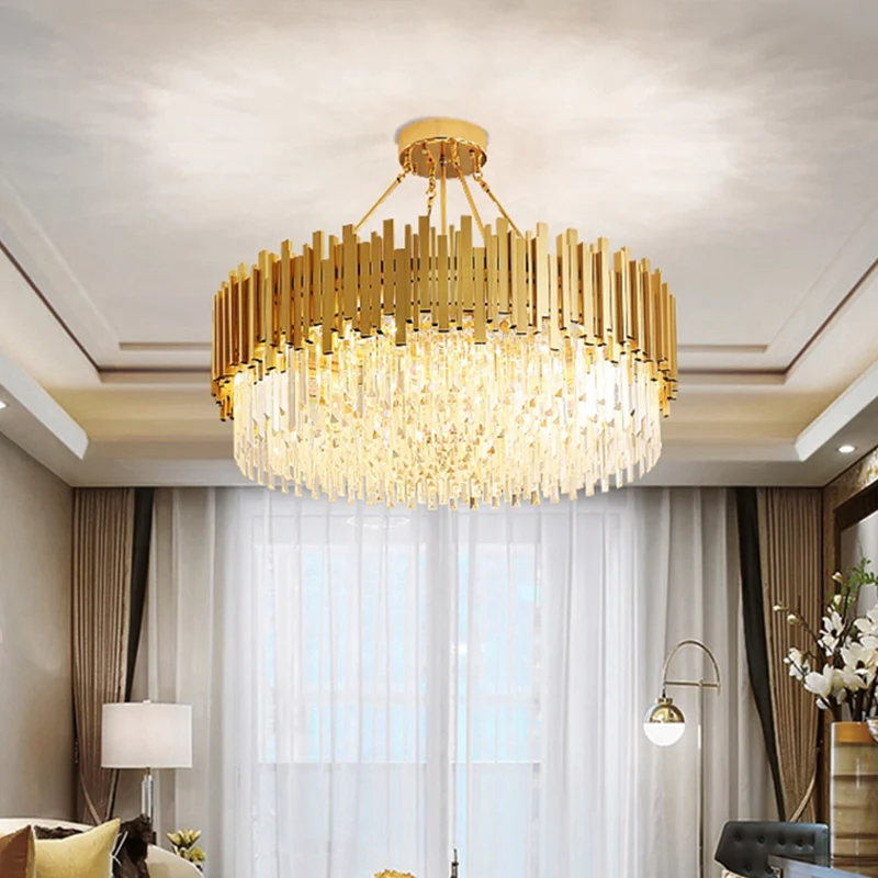 6-lichts woonkamerkroonluchter Minimalistische gouden plafondhanglamp met trommelkristallen kap Clearhalo