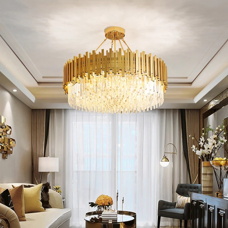 6-lichts woonkamerkroonluchter Minimalistische gouden plafondhanglamp met trommelkristallen kap Clearhalo