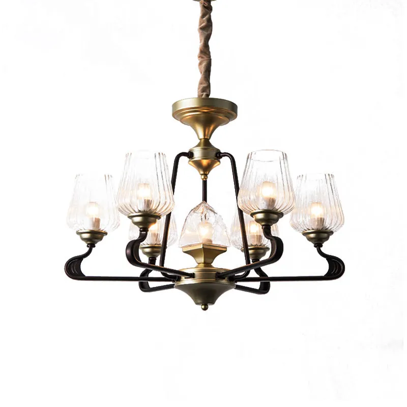 7-koppige helder geribbelde glazen hanger antieke zwarte tulp eetkamer kroonluchter verlichting Clearhalo