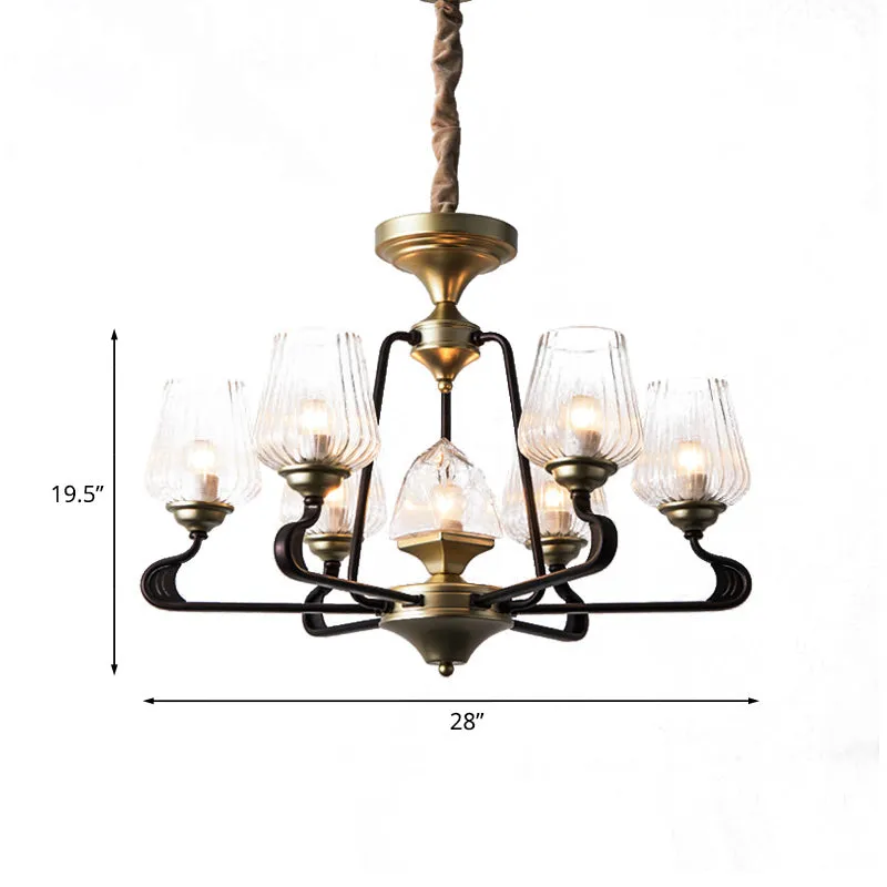 7-koppige helder geribbelde glazen hanger antieke zwarte tulp eetkamer kroonluchter verlichting Clearhalo
