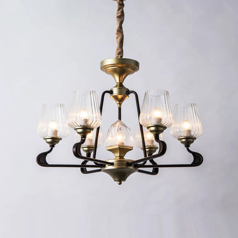 7-koppige helder geribbelde glazen hanger antieke zwarte tulp eetkamer kroonluchter verlichting Clearhalo