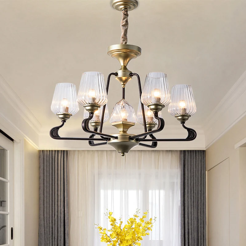 7-koppige helder geribbelde glazen hanger antieke zwarte tulp eetkamer kroonluchter verlichting Clearhalo
