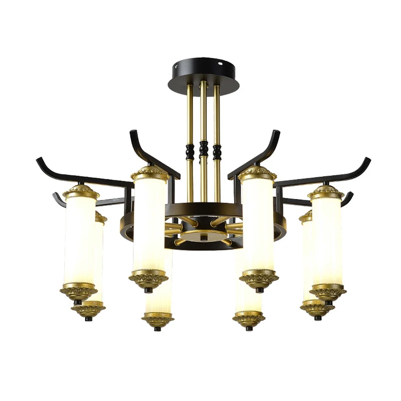 8/10 lampen kroonluchter verlichtingsarmatuur platteland kolom matglazen plafondlamp zwart-goud Clearhalo