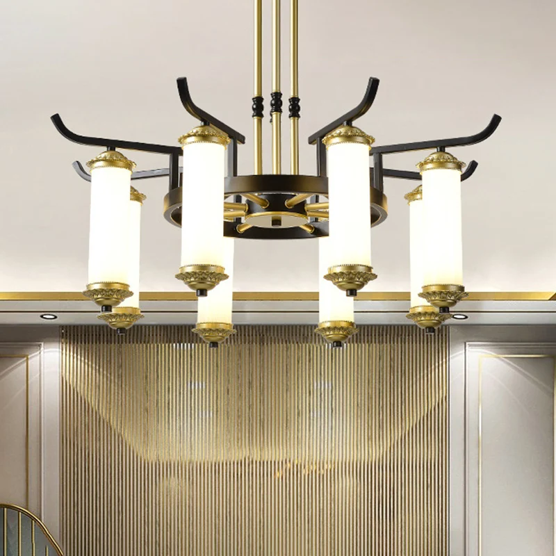 8/10 lampen kroonluchter verlichtingsarmatuur platteland kolom matglazen plafondlamp zwart-goud Clearhalo
