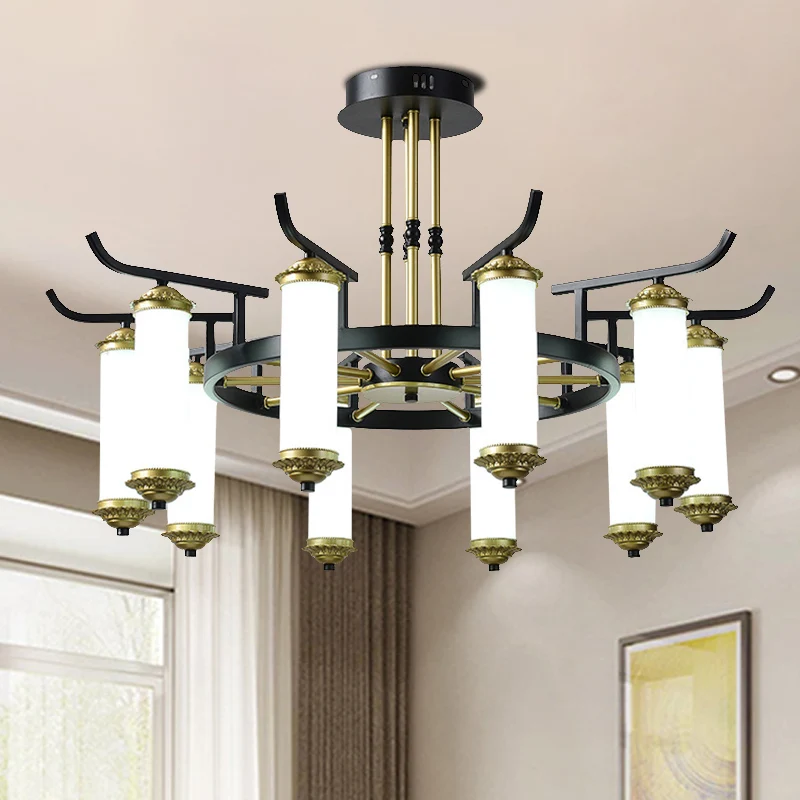 8/10 lampen kroonluchter verlichtingsarmatuur platteland kolom matglazen plafondlamp zwart-goud Clearhalo