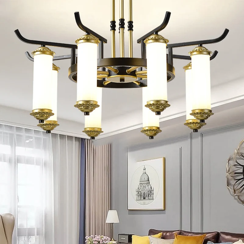 8/10 lampen kroonluchter verlichtingsarmatuur platteland kolom matglazen plafondlamp zwart-goud Clearhalo