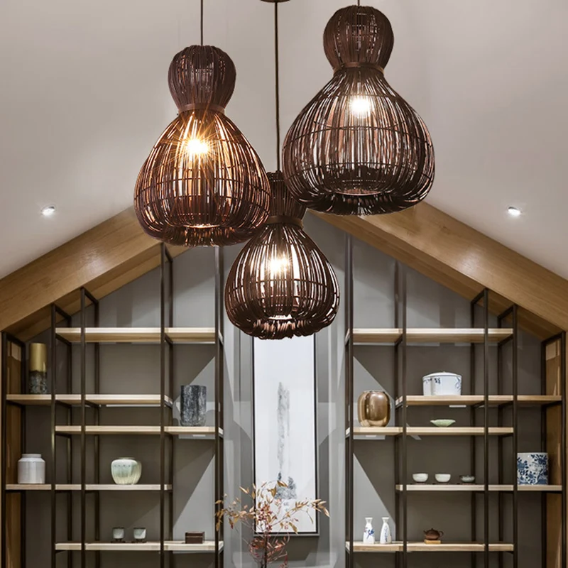 8"/12"/16" brede taps toelopende plafond hanglamp eenvoudig bamboe 1 licht koffie hanglamp voor binnen Clearhalo
