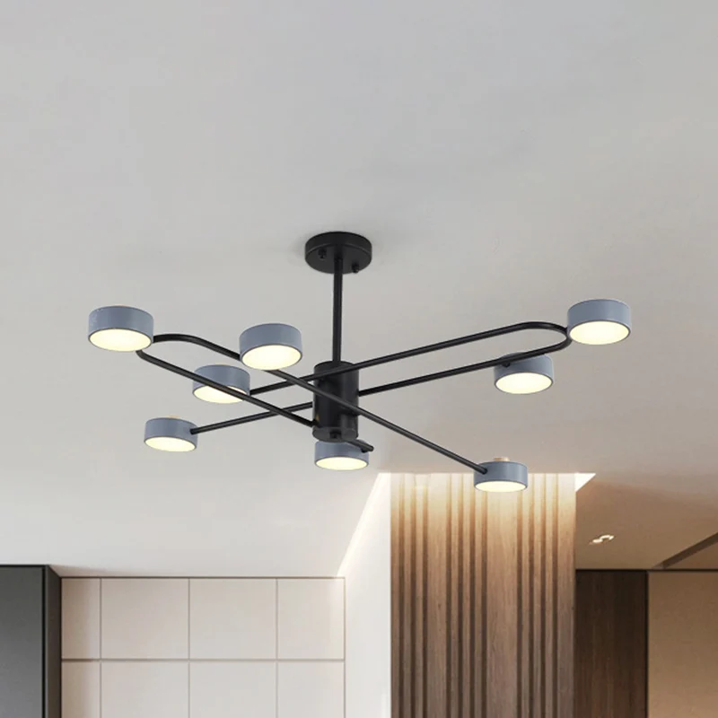 8-hoofds woonkamerkroonluchter Minimalistische grijze plafondhanglamp met trommelijzeren kap Clearhalo