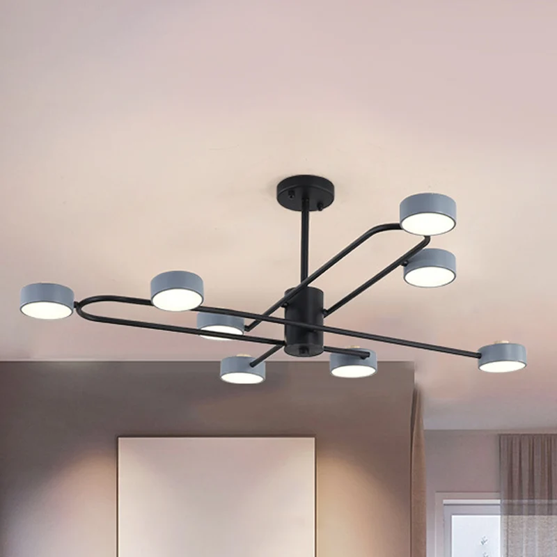 8-hoofds woonkamerkroonluchter Minimalistische grijze plafondhanglamp met trommelijzeren kap Clearhalo