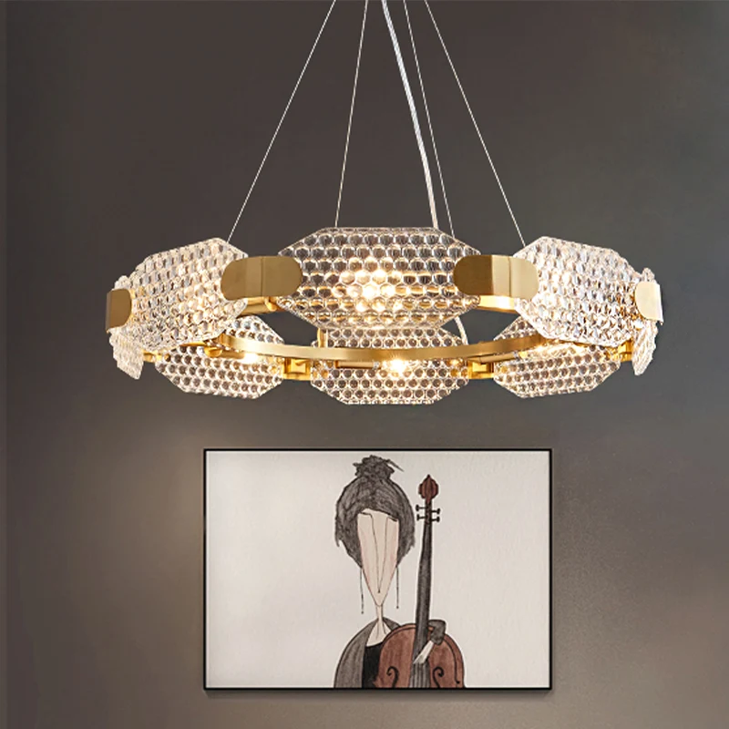 8-koppige achthoekige kroonluchterlamp, kolonialistisch goud, helder getextureerd glazen plafondlamp met cirkelvormig ontw...
