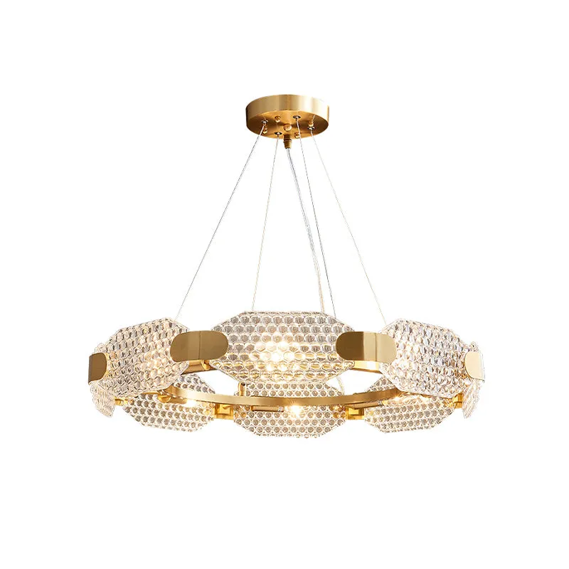 8-koppige achthoekige kroonluchterlamp, kolonialistisch goud, helder getextureerd glazen plafondlamp met cirkelvormig ontw...