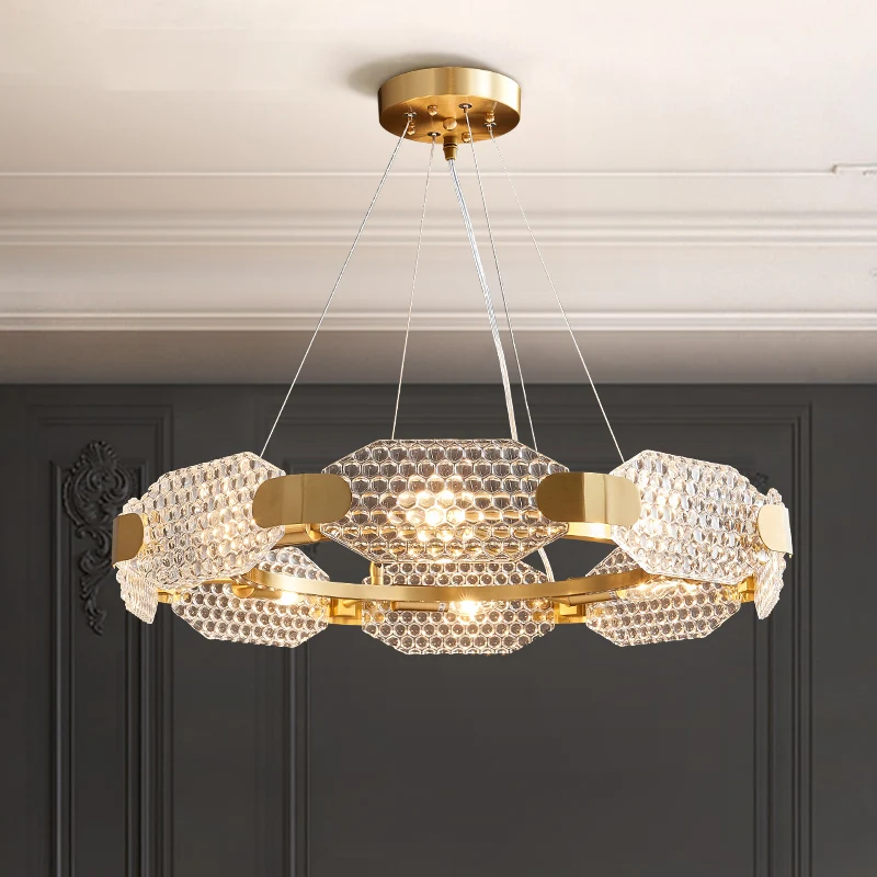 8-koppige achthoekige kroonluchterlamp, kolonialistisch goud, helder getextureerd glazen plafondlamp met cirkelvormig ontw...