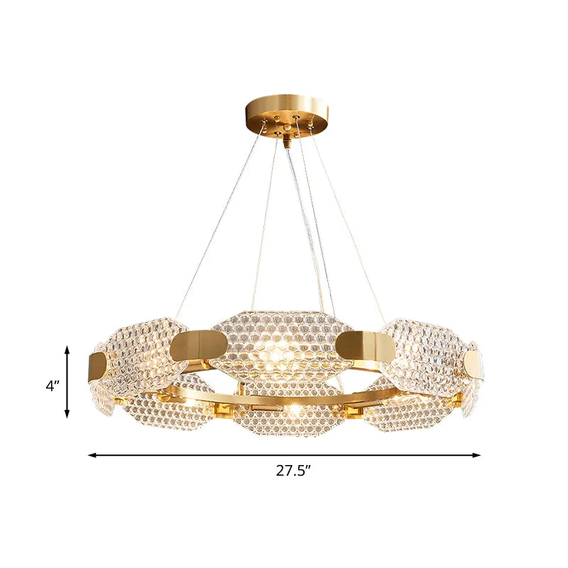 8-koppige achthoekige kroonluchterlamp, kolonialistisch goud, helder getextureerd glazen plafondlamp met cirkelvormig ontw...
