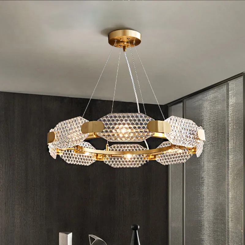 8-koppige achthoekige kroonluchterlamp, kolonialistisch goud, helder getextureerd glazen plafondlamp met cirkelvormig ontw...