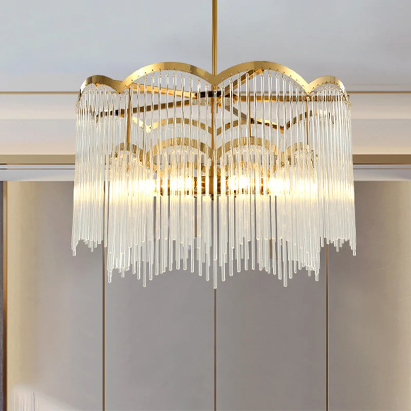 8-kops golvende metalen frame kroonluchter moderne gouden kristallen buisvormige hangende plafondlamp Clearhalo