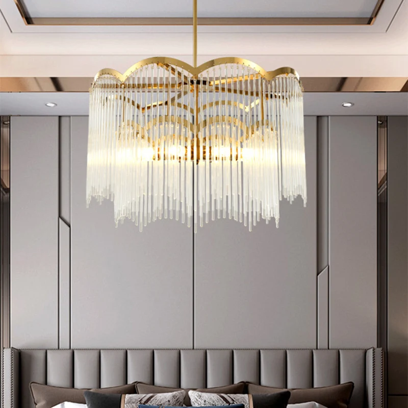 8-kops golvende metalen frame kroonluchter moderne gouden kristallen buisvormige hangende plafondlamp Clearhalo