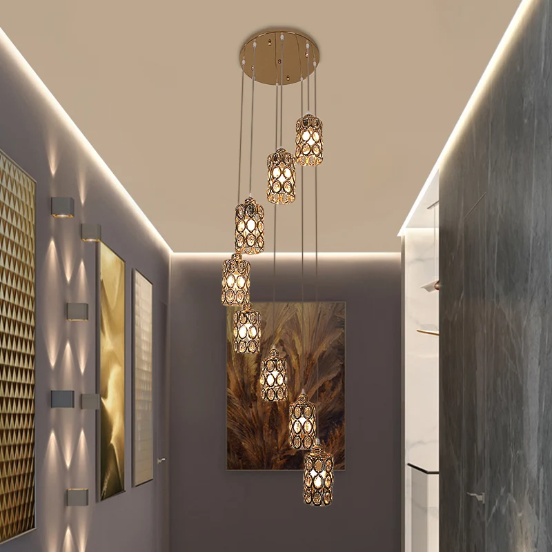 8-kops hanglamp moderne trap multi-lichthanger met cilinderkristallen kap goud Clearhalo