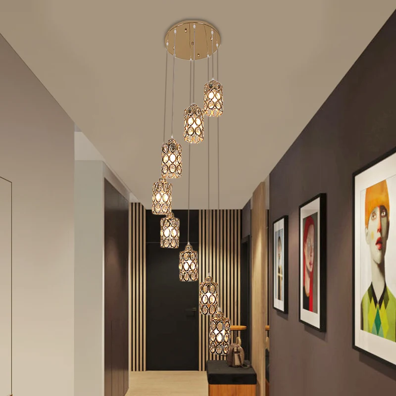 8-kops hanglamp moderne trap multi-lichthanger met cilinderkristallen kap goud Clearhalo