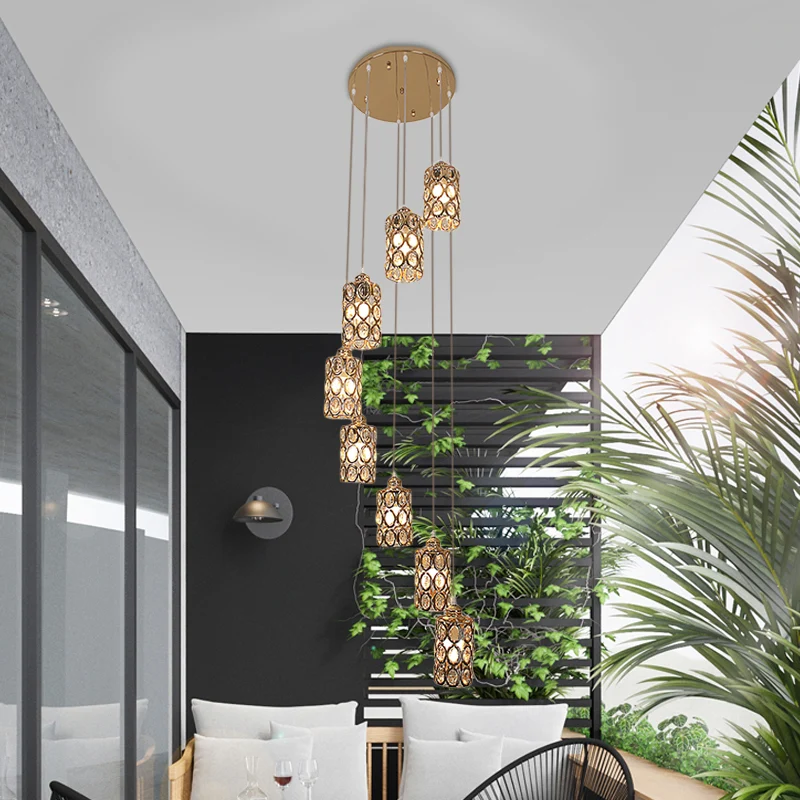 8-kops hanglamp moderne trap multi-lichthanger met cilinderkristallen kap goud Clearhalo