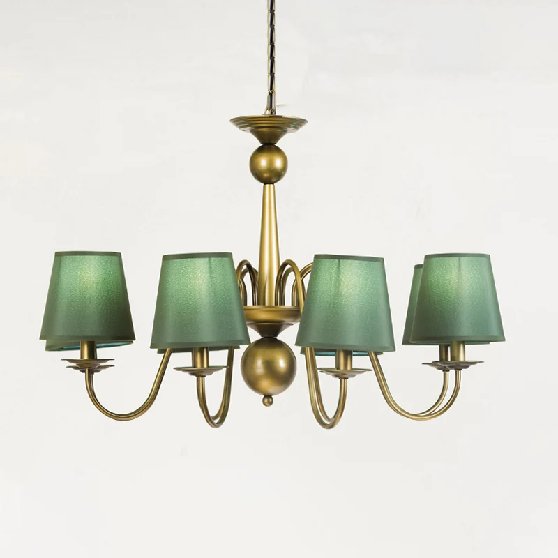 8-lamps taps toelopende kroonluchter, lichtarmatuur, landelijk koffie/geel/donkergroen, stof, neerwaartse verlichting met...