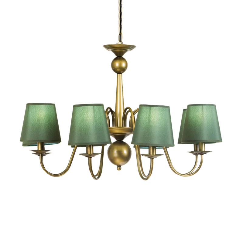 8-lamps taps toelopende kroonluchter, lichtarmatuur, landelijk koffie/geel/donkergroen, stof, neerwaartse verlichting met...