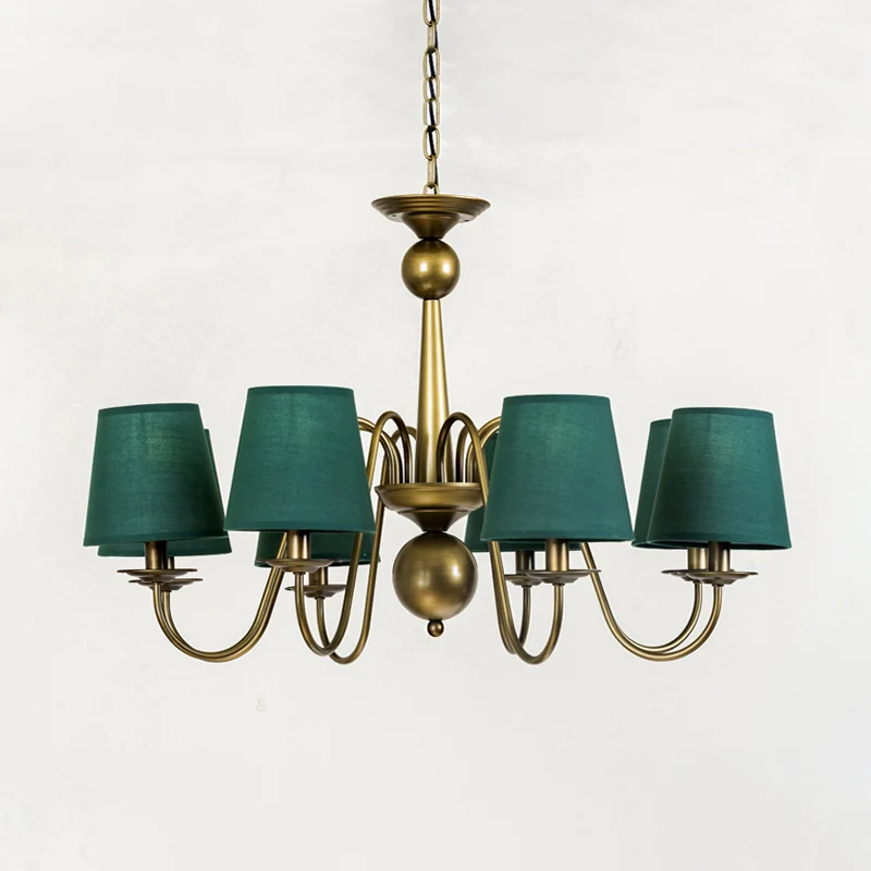 8-lamps taps toelopende kroonluchter, lichtarmatuur, landelijk koffie/geel/donkergroen, stof, neerwaartse verlichting met...
