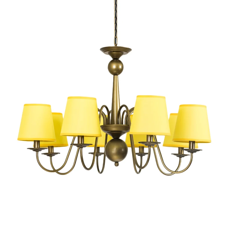 8-lamps taps toelopende kroonluchter, lichtarmatuur, landelijk koffie/geel/donkergroen, stof, neerwaartse verlichting met...