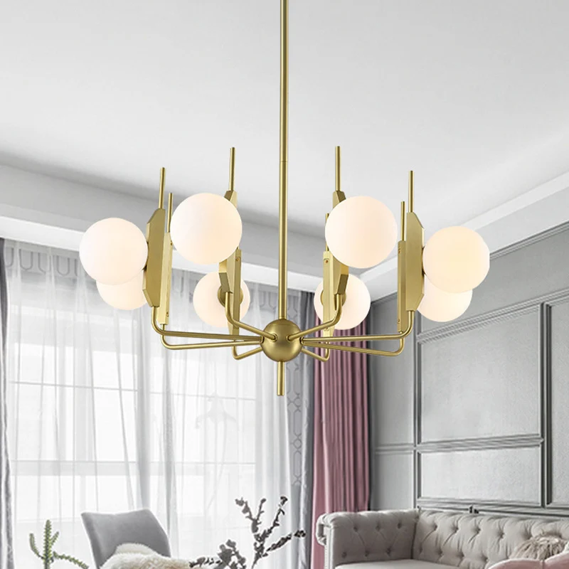 8-lichts woonkamer kroonluchter verlichting post moderne gouden plafondlamp met bal melkwit/rookgrijs glazen kap Clearhalo