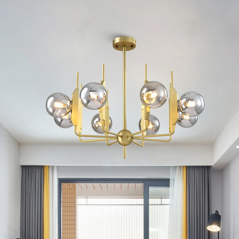 8-lichts woonkamer kroonluchter verlichting post moderne gouden plafondlamp met bal melkwit/rookgrijs glazen kap Clearhalo