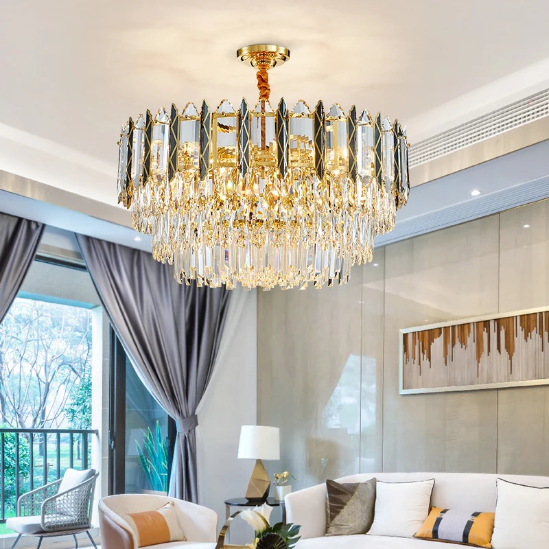 9-koppige gelaagde kroonluchter hanger moderne stijlvolle zwart-gouden kristallen downlighting voor de woonkamer Clearhalo