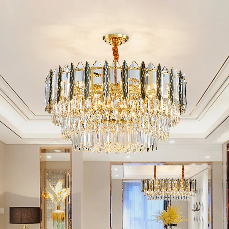 9-koppige gelaagde kroonluchter hanger moderne stijlvolle zwart-gouden kristallen downlighting voor de woonkamer Clearhalo