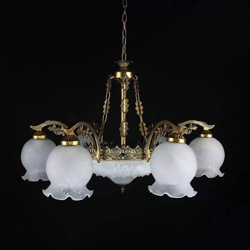 9-lichts halfbloeiende plafondkroonluchter Rustiek messing wit glas hangende hanglamp Clearhalo