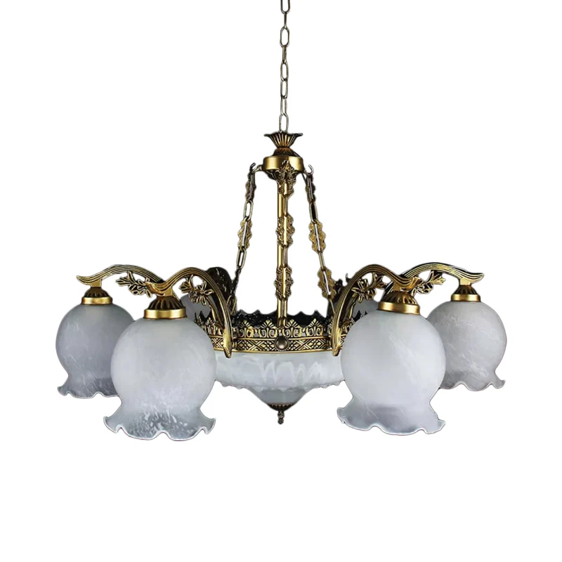 9-lichts halfbloeiende plafondkroonluchter Rustiek messing wit glas hangende hanglamp Clearhalo