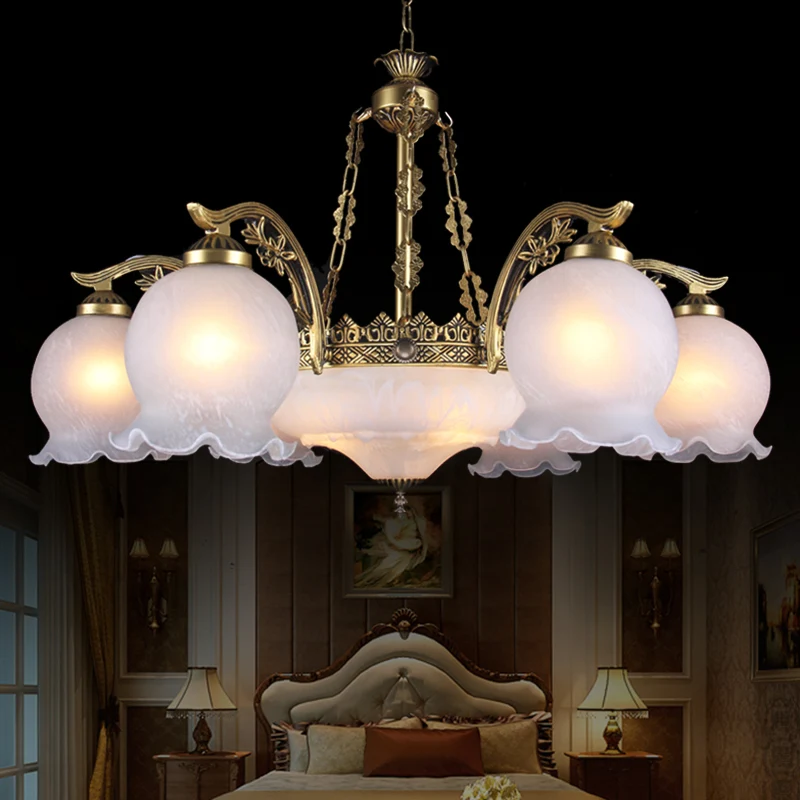 9-lichts halfbloeiende plafondkroonluchter Rustiek messing wit glas hangende hanglamp Clearhalo