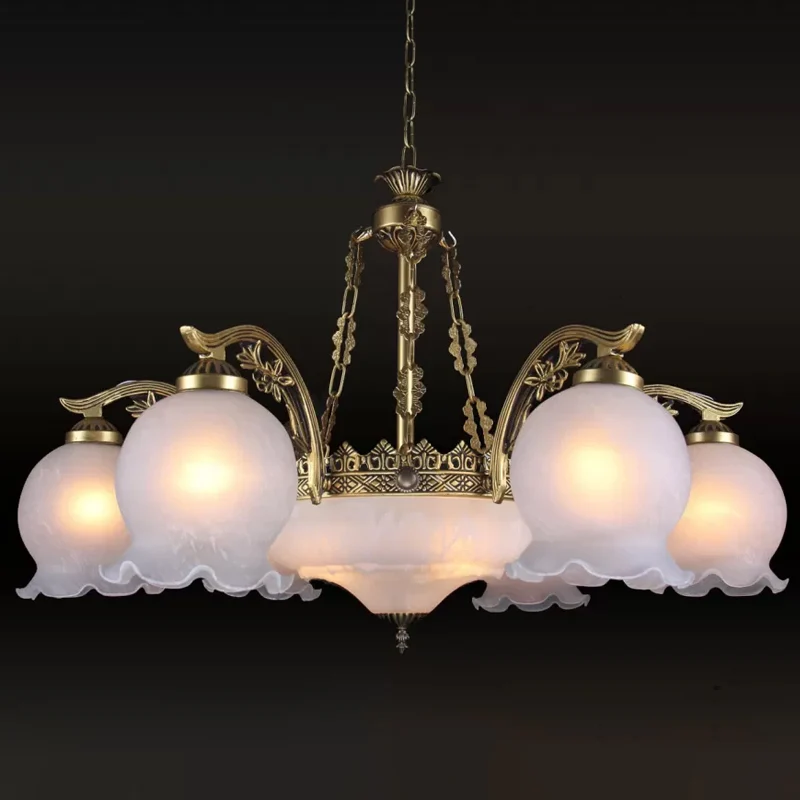 9-lichts halfbloeiende plafondkroonluchter Rustiek messing wit glas hangende hanglamp Clearhalo