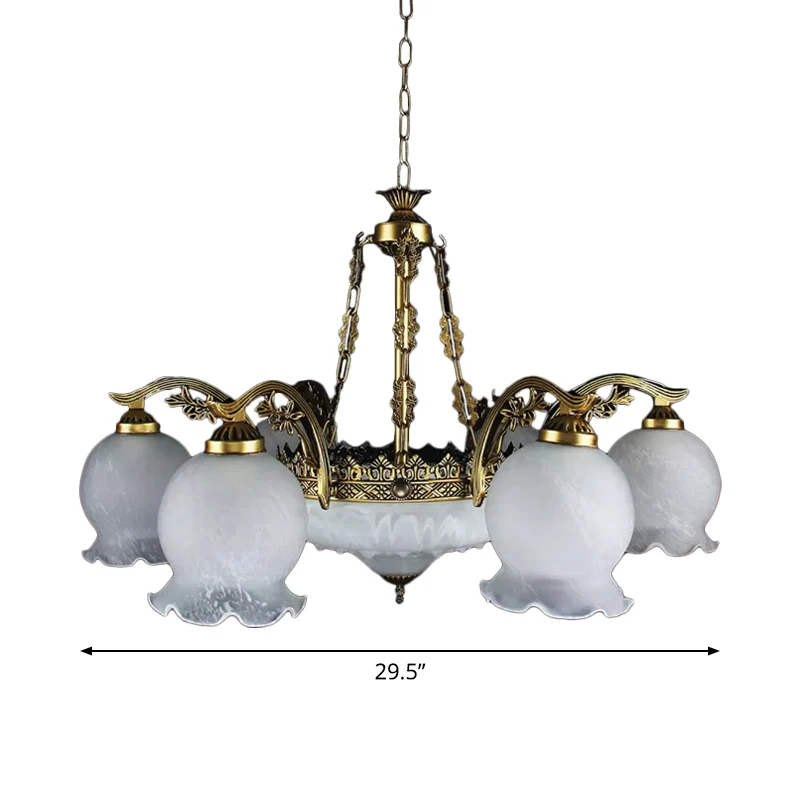9-lichts halfbloeiende plafondkroonluchter Rustiek messing wit glas hangende hanglamp Clearhalo