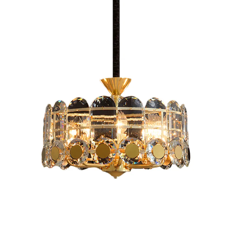 9-lichts modernistische restaurant hangende plafondlamp met ronde kristallen paneelkap goud Clearhalo