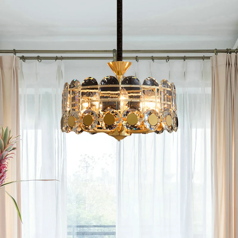 9-lichts modernistische restaurant hangende plafondlamp met ronde kristallen paneelkap goud Clearhalo