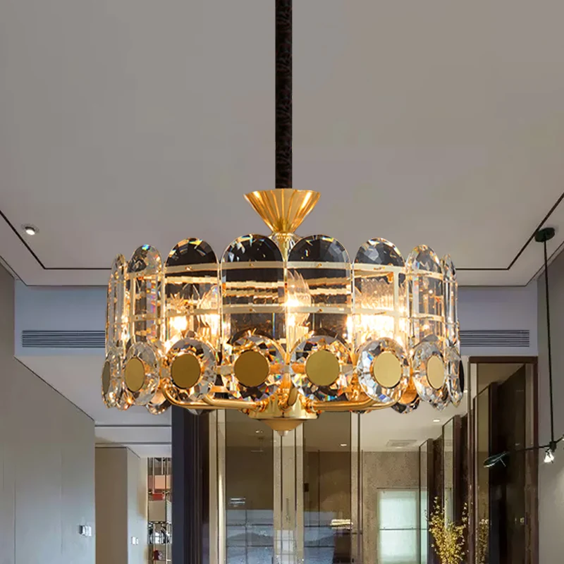 9-lichts modernistische restaurant hangende plafondlamp met ronde kristallen paneelkap goud Clearhalo