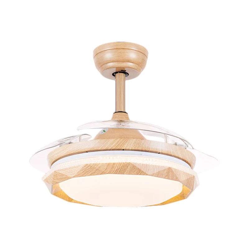 Acryl gefacetteerde trommel plafondventilatorlamp modernistisch hout 3-bladige LED semi-inbouwmontage, 42 "breed Clearhalo
