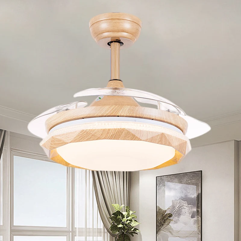 Acryl gefacetteerde trommel plafondventilatorlamp modernistisch hout 3-bladige LED semi-inbouwmontage, 42 "breed Clearhalo