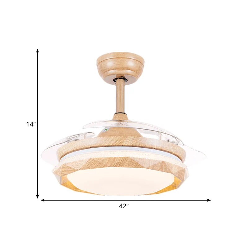Acryl gefacetteerde trommel plafondventilatorlamp modernistisch hout 3-bladige LED semi-inbouwmontage, 42 "breed Clearhalo
