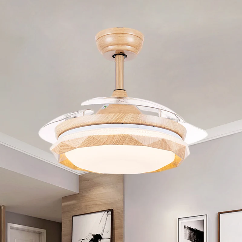 Acryl gefacetteerde trommel plafondventilatorlamp modernistisch hout 3-bladige LED semi-inbouwmontage, 42 "breed Clearhalo